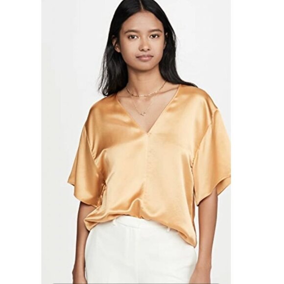VINCE Double V-Neck Silk Top in Gold Size XL - Picture 1 of 9